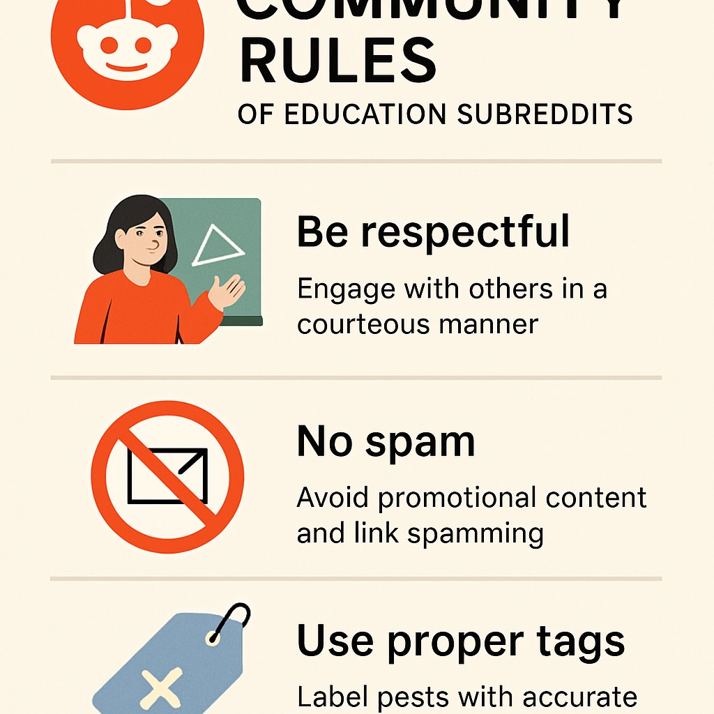 An infographic explaining the community rules of Reddit's education subreddits with key points like Infographic showing Reddit education subreddit community rules.