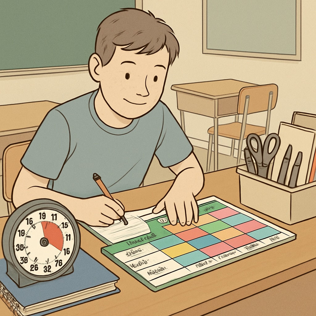 A student sitting at a desk with ADHD-friendly study tools, such as timers and colorful planners, to aid credit recovery. ADHD student using study tools like planners and timers for credit recovery.