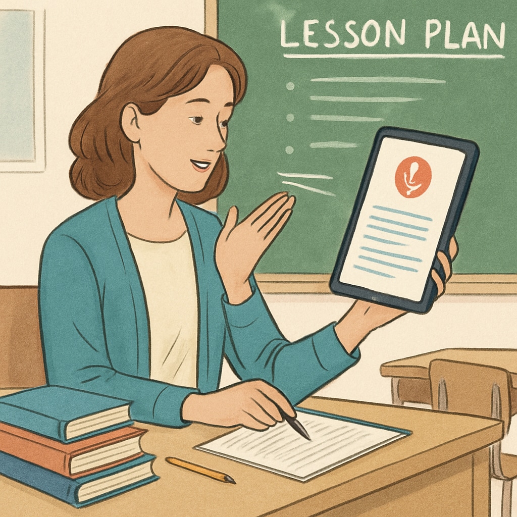 A teacher using a speech-to-text tool, like WillowVoice, to dictate lesson plans on a tablet in a classroom setting. Teacher using WillowVoice speech-to-text tool for lesson planning in a classroom.