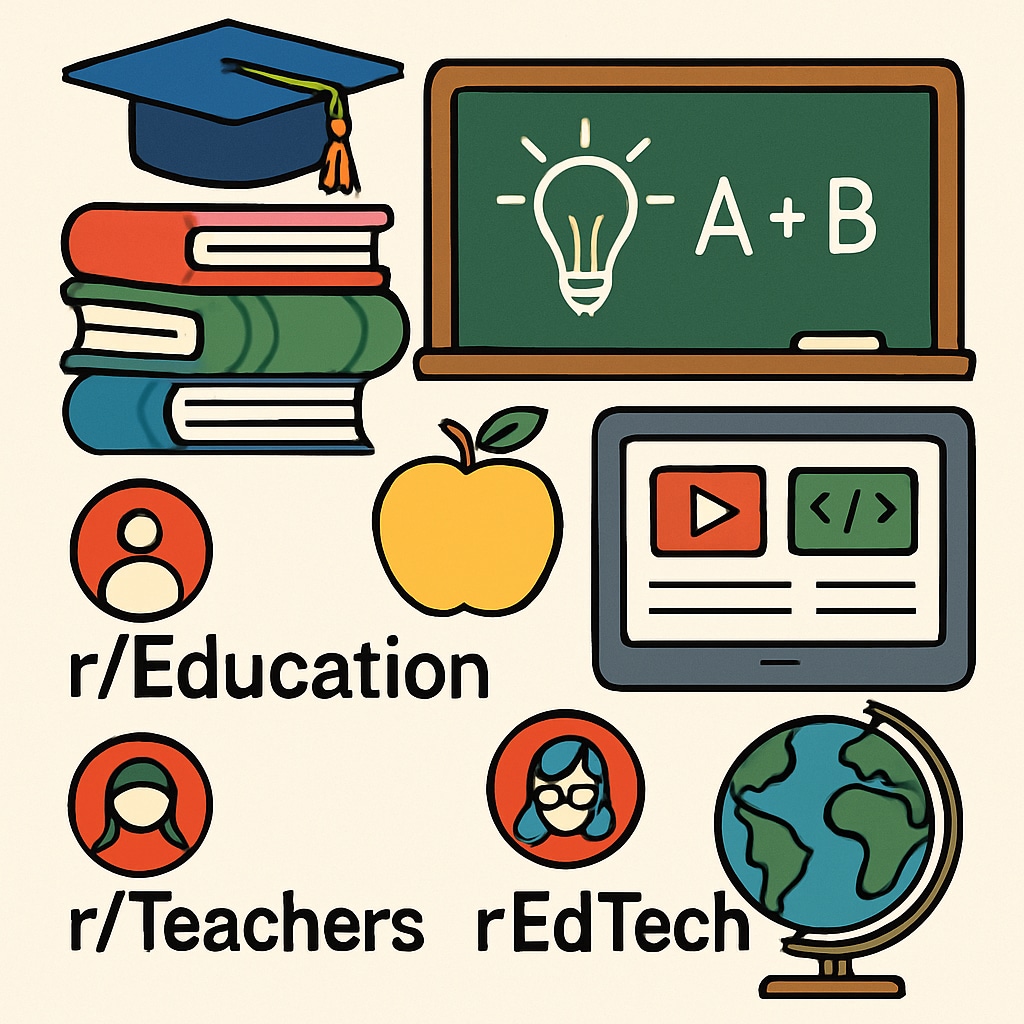 A visual representation of Reddit's education-related subreddits, including r/Education, r/Teachers, and r/EdTech. Overview of popular education subreddits on Reddit, showcasing r/Education and others.