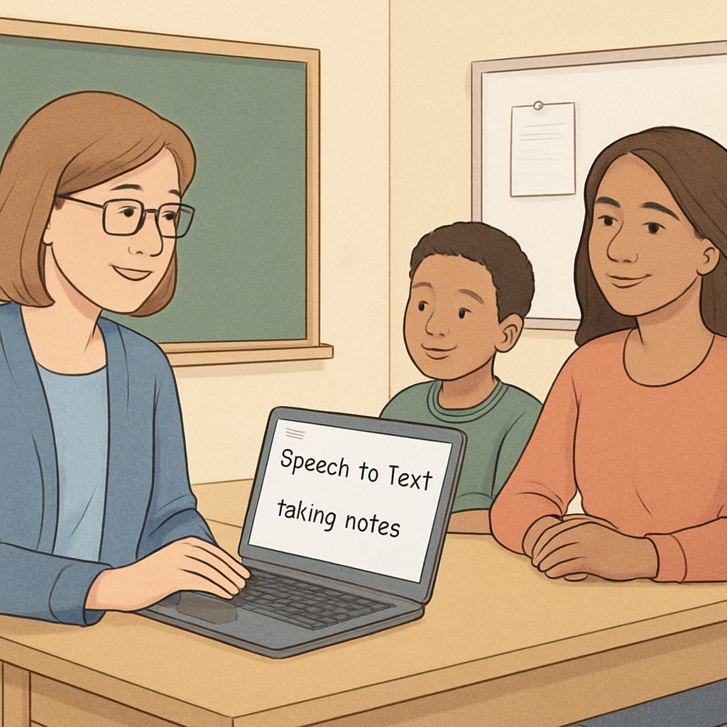 A parent-teacher meeting where a teacher uses a speech-to-text app to take notes on their laptop. Teacher using speech-to-text app for note-taking during a parent-teacher meeting.