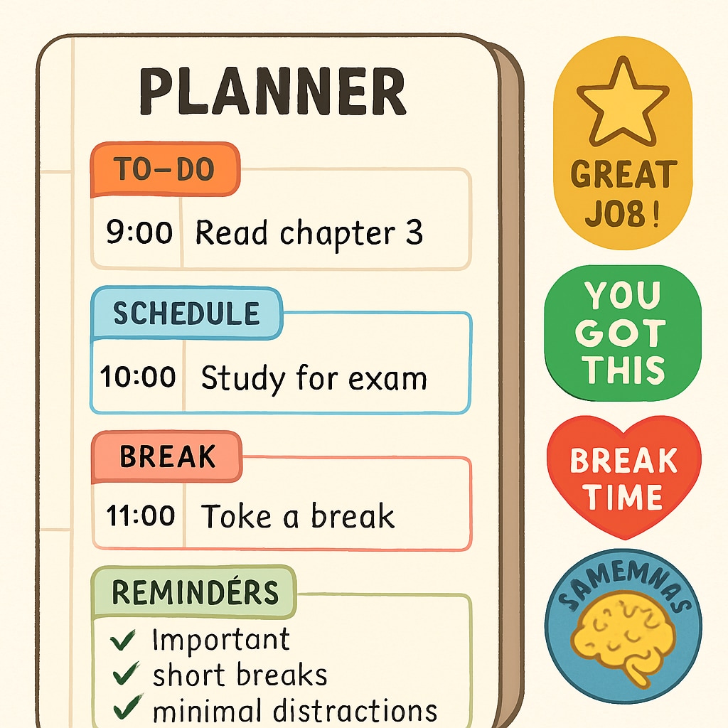 A planner with color-coded sections, motivational stickers, and ADHD-friendly reminders for study sessions. Planner with color-coded sections and ADHD-friendly reminders for study success.