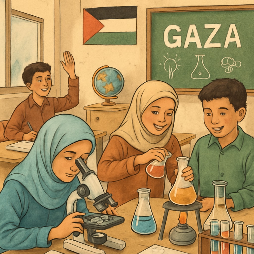 A classroom in Gaza with students engaged in science activities, symbolizing hope and education rebuilding. Gaza school students working on science experiments as part of a new curriculum.