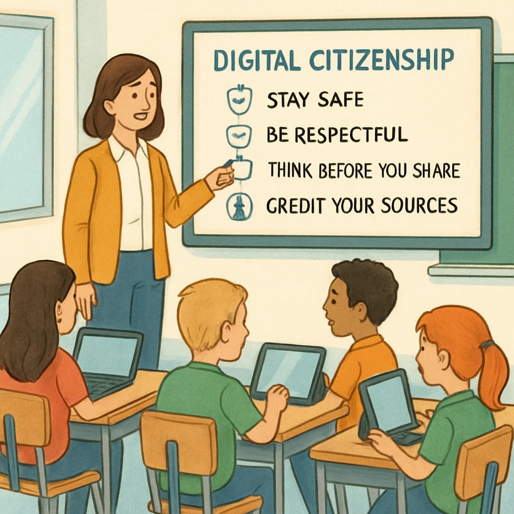 Teacher teaching digital literacy to students in the UK.