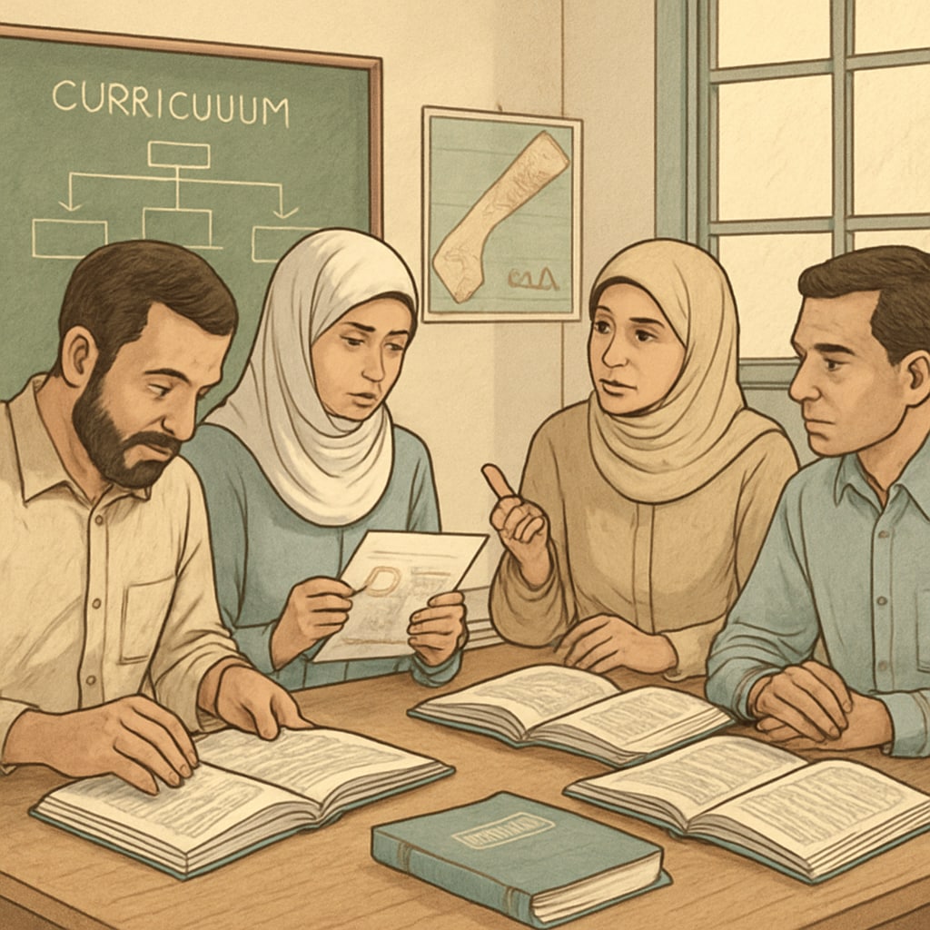 Teachers in Gaza undergoing professional development workshops to learn about new curricula. Gaza educators participating in workshops focused on delivering science and social studies curricula.