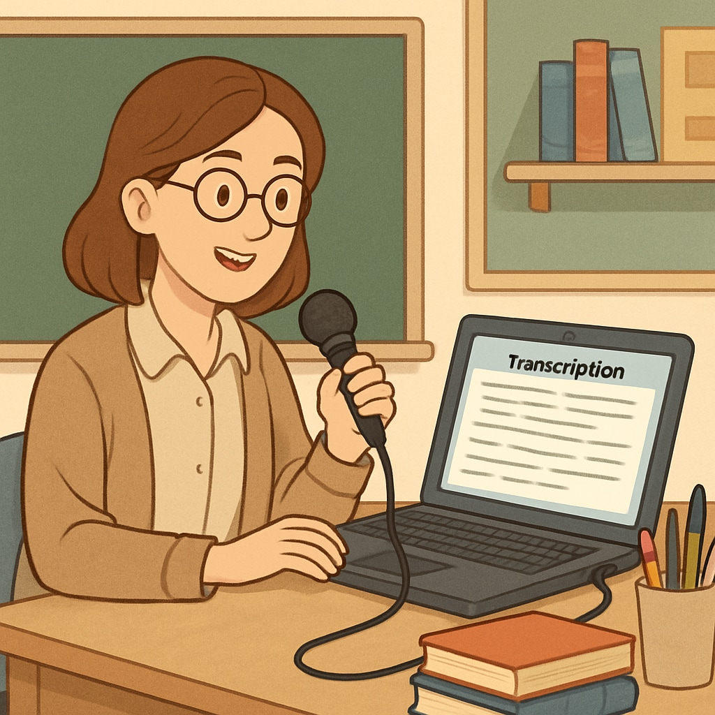 A teacher sitting at their desk, speaking into a microphone while a speech-to-text tool transcribes their words on a laptop screen. Teacher using WillowVoice speech-to-text technology for administrative tasks.