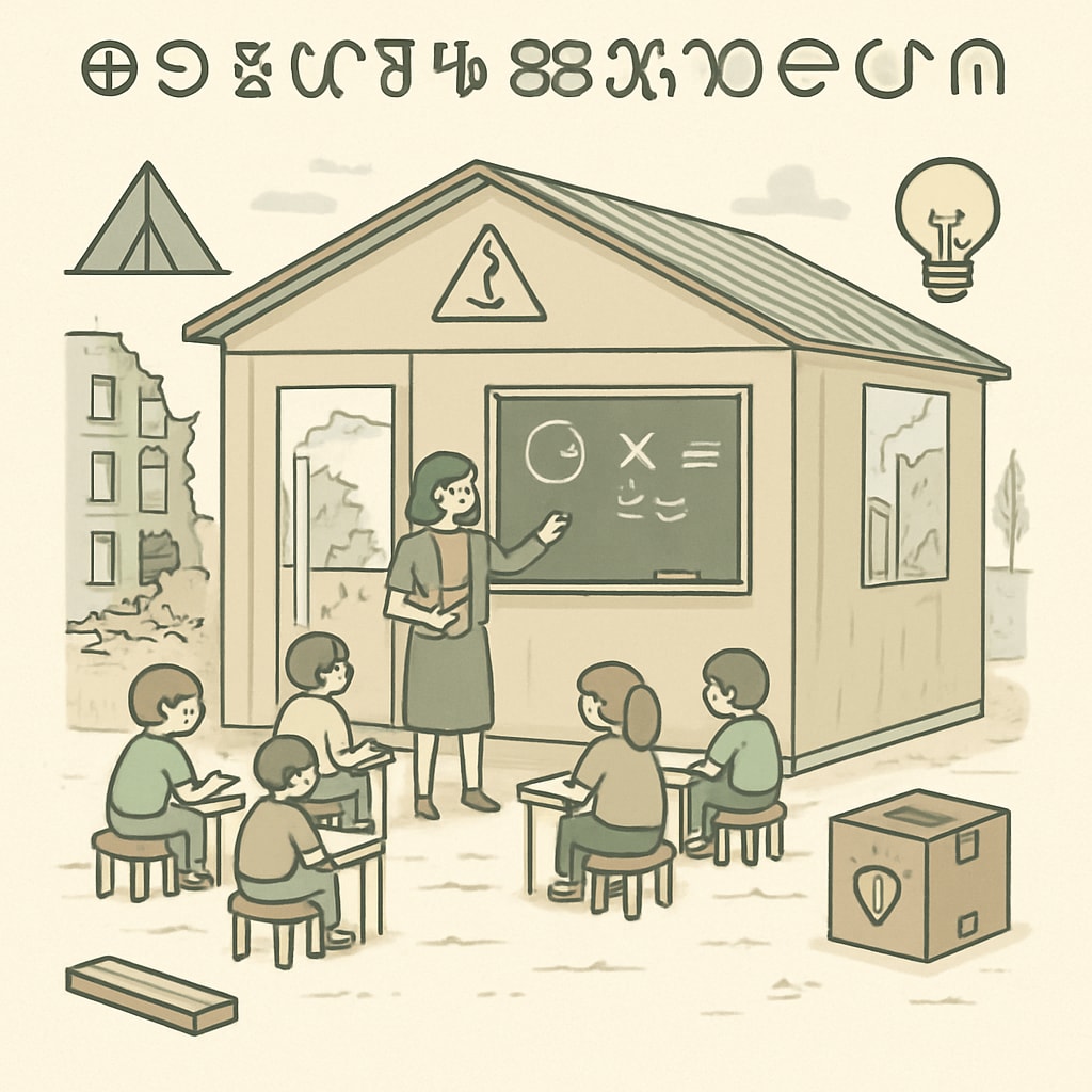 A classroom in a temporary school campus with minimal resources, illustrating the challenges faced during reconstruction. Temporary campus classroom with limited resources, depicting educational challenges.