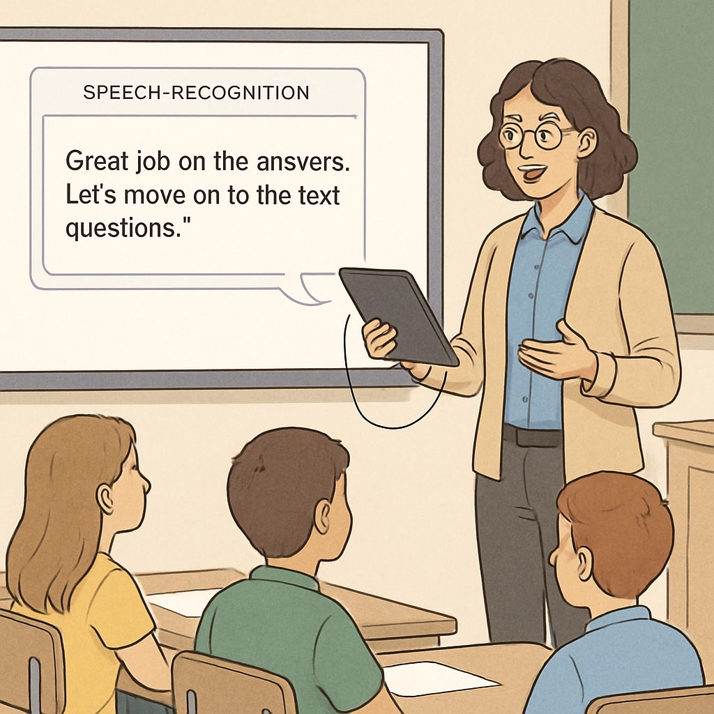 A teacher using a tablet in the classroom, with a speech recognition tool transcribing their spoken feedback on an interactive whiteboard. Speech recognition tool WillowVoice being used in a classroom setting.