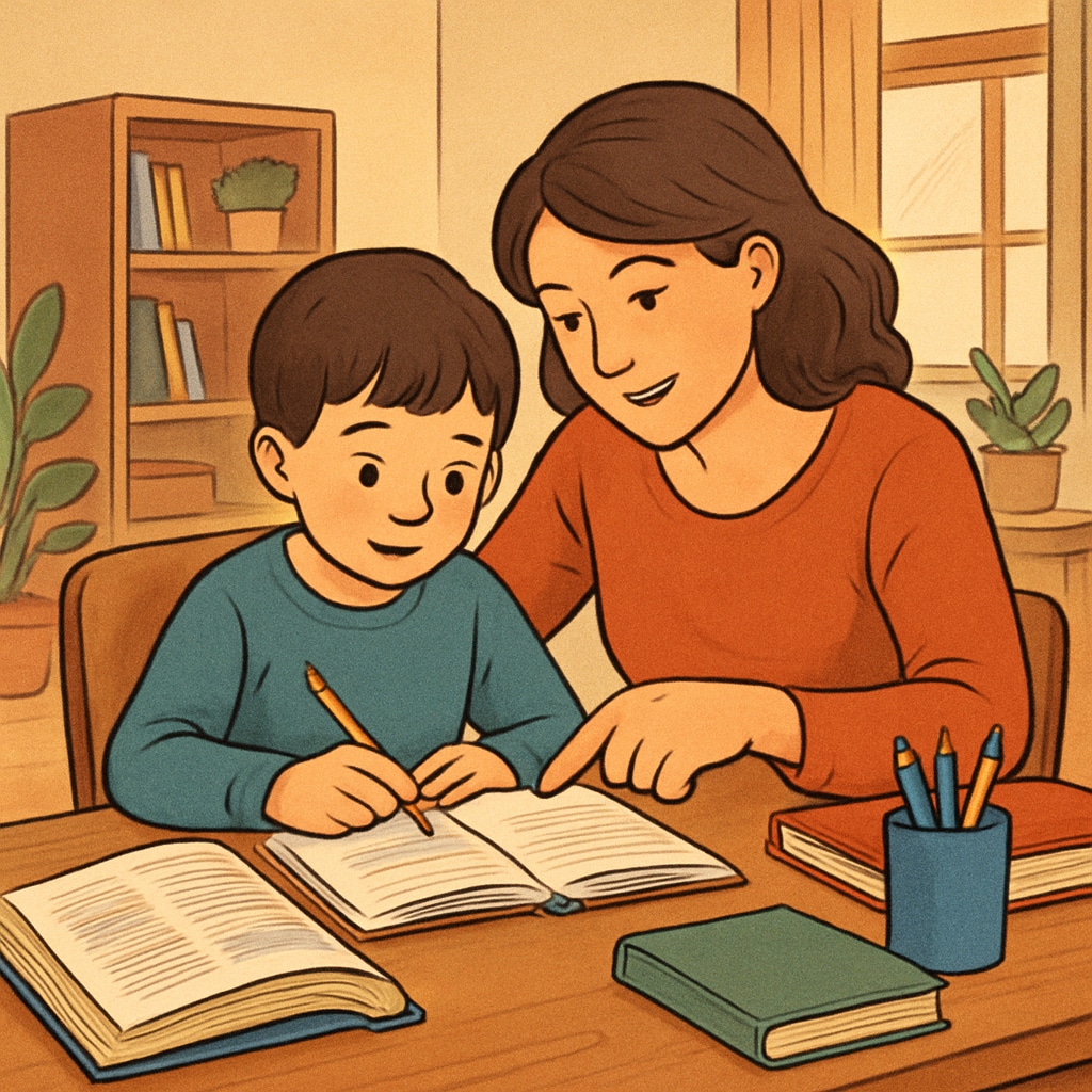 A parent sitting with their child at home, assisting with homework, representing alternative ways to stay involved during school reconstruction. Parent helping child with homework at home during school reconstruction.