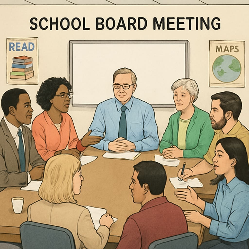 Parents and community members speaking at a school board meeting about governance.