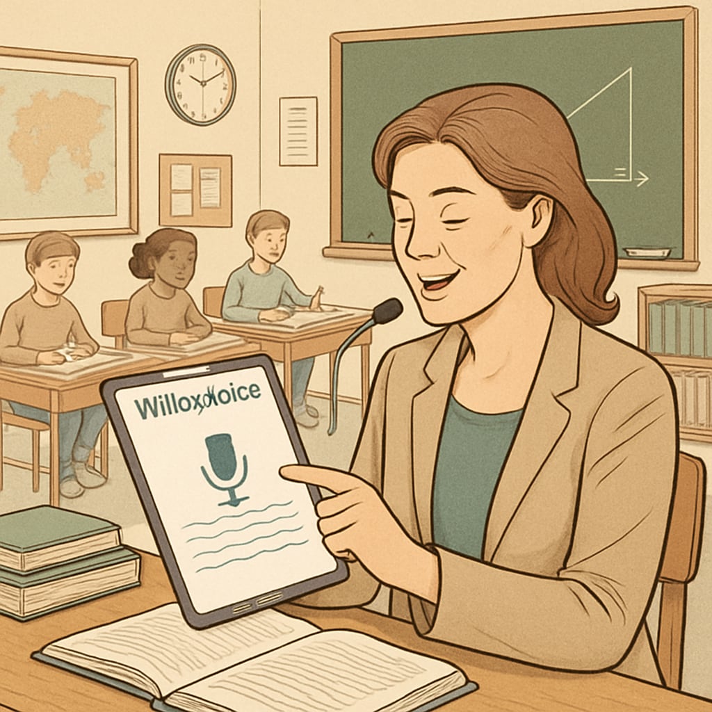 A teacher utilizing WillowVoice speech-to-text technology for classroom notes.