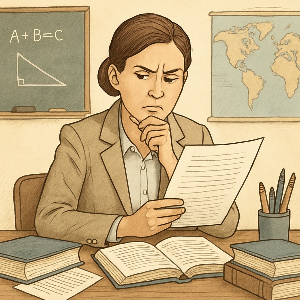 A teacher reviewing a student's paper with a skeptical expression, symbolizing the challenges of identifying plagiarism fairly. A professor examining a student's work for plagiarism, a concept related to academic integrity.
