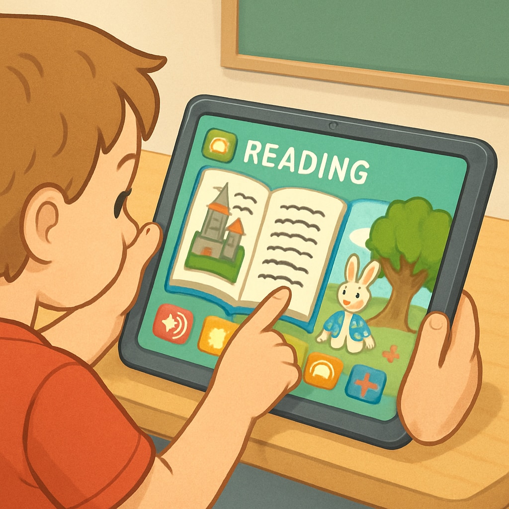 Child engaging with a digital reading app designed for young learners.