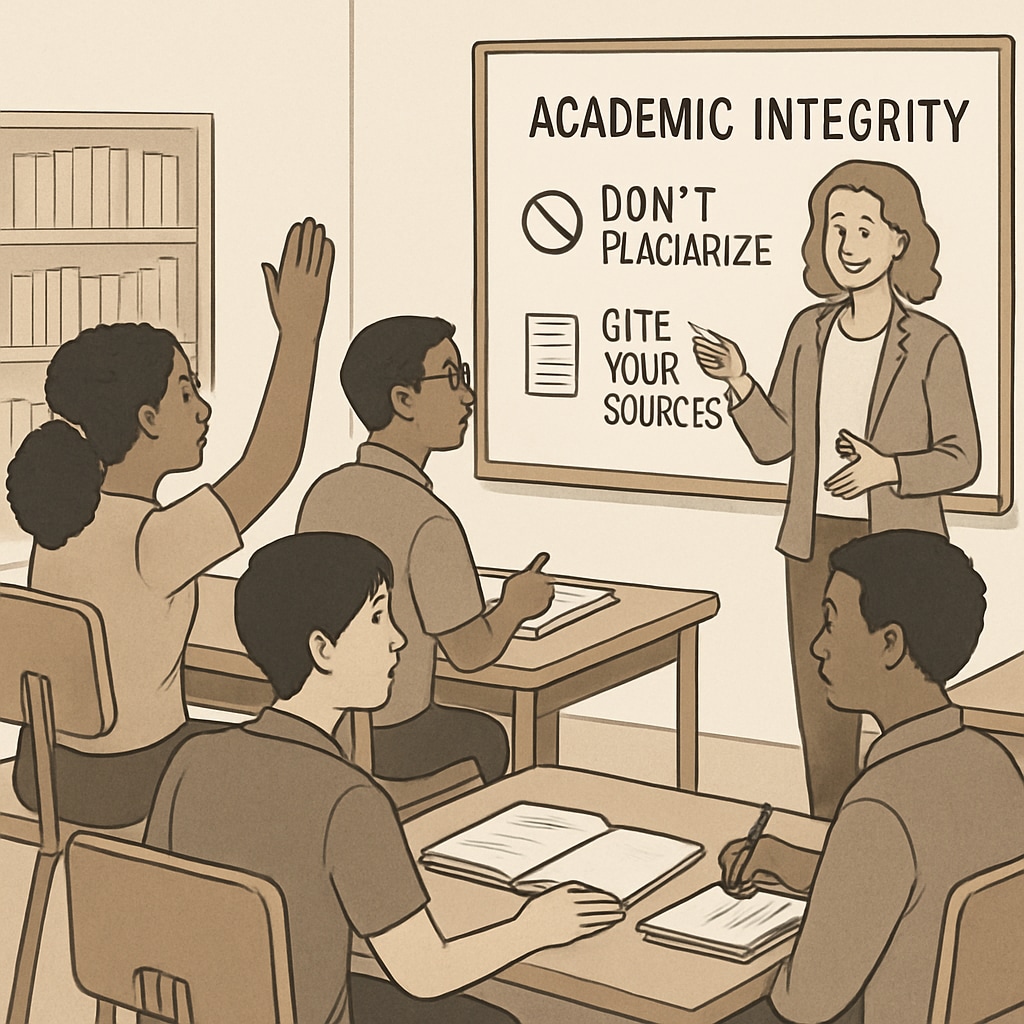 A group of students attending a workshop on academic integrity, illustrating a proactive approach to preventing plagiarism. Students learning about academic integrity in a workshop, focusing on preventing plagiarism.