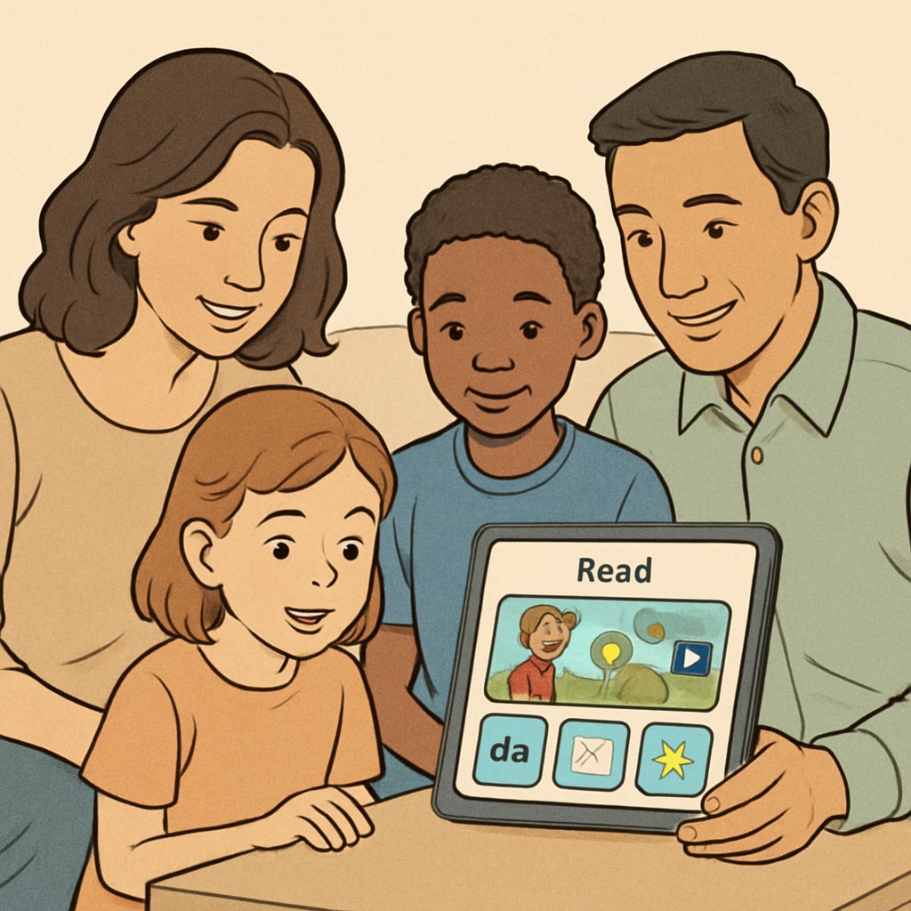 Parents exploring a children's reading app with their kids.