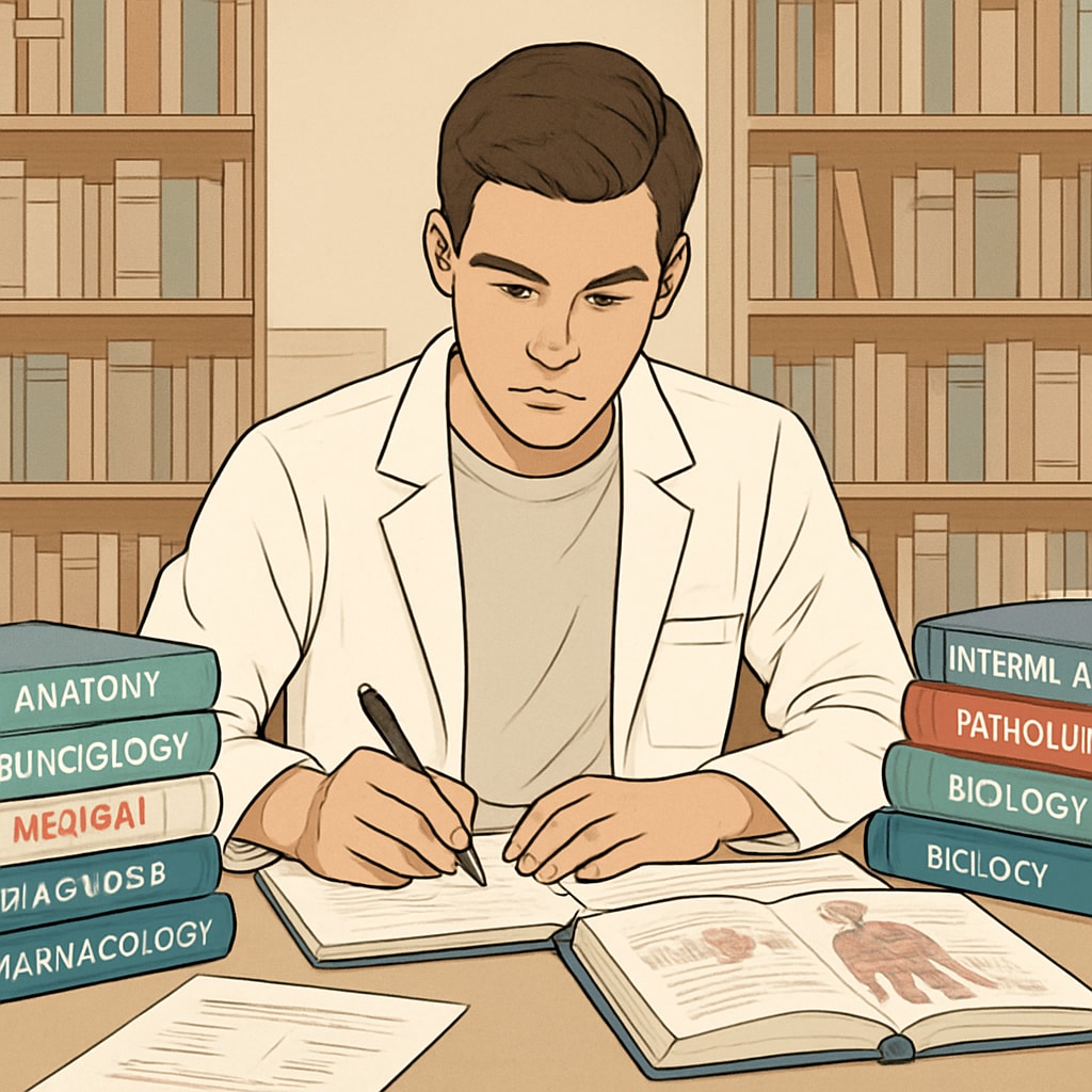 A student sitting in a library surrounded by medical textbooks, looking focused yet overwhelmed. Student with learning disabilities studying medical textbooks amidst challenges.
