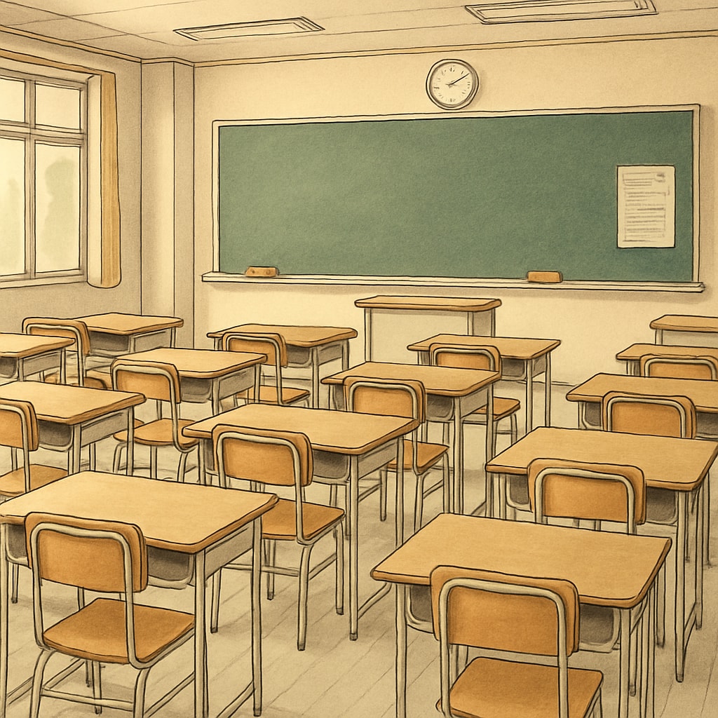 An empty classroom with desks and a chalkboard, symbolizing traditional education systems. Image showing structural barriers in the educational system.