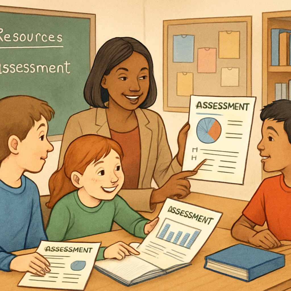 Teacher reviewing assessment resources with students at a desk.