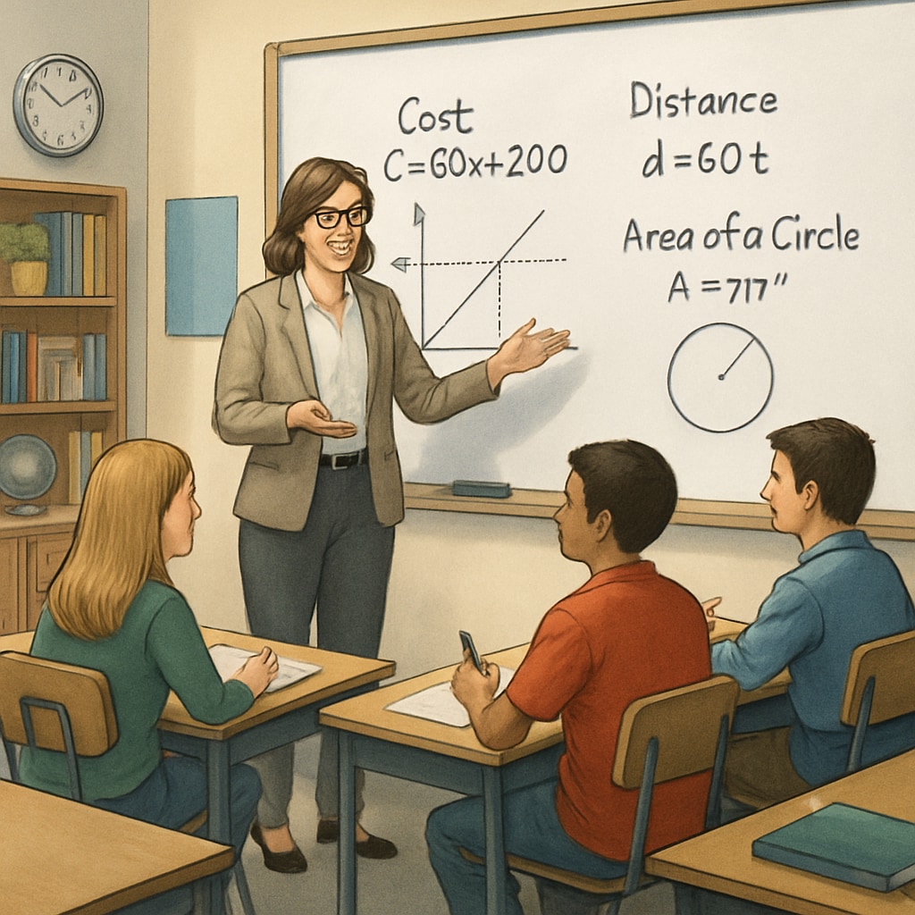 A classroom with a teacher explaining mathematical concepts to engaged students, emphasizing real-world applications. Teacher explaining math concepts to students with real-world examples.