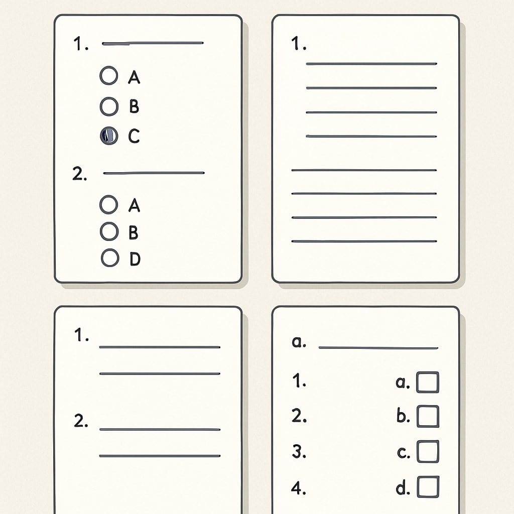 Assessment sheets with diverse question formats for students.