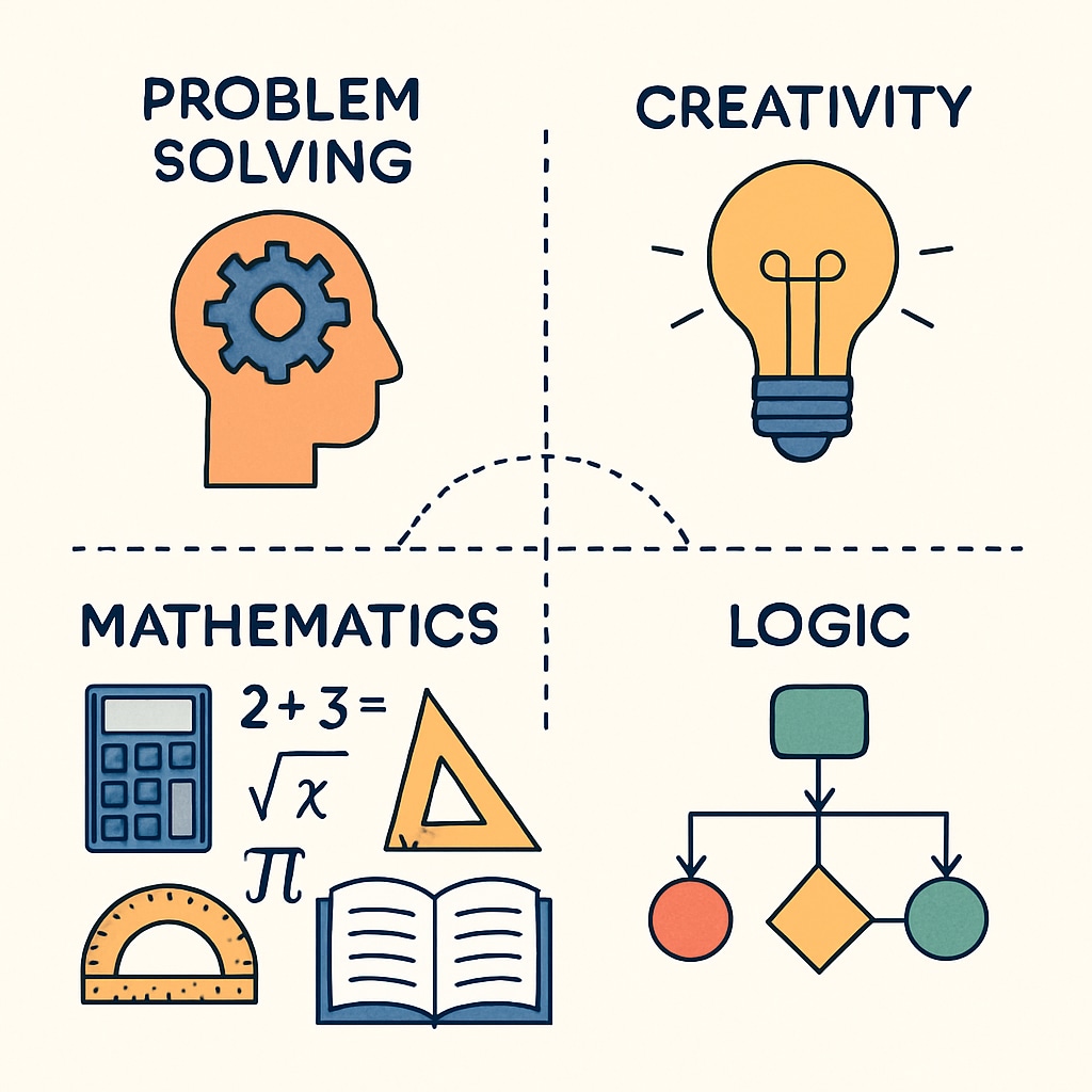 A visual representation of mathematical concepts connecting to broader life skills, such as problem-solving, creativity, and logic. Chart showing math's relationship to life skills like logic and creativity.