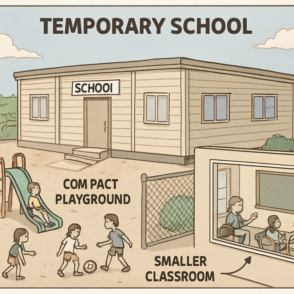 A temporary school building with limited playground space and smaller classrooms, reflecting challenges in physical facilities during relocation. Temporary school building with limited playground space.