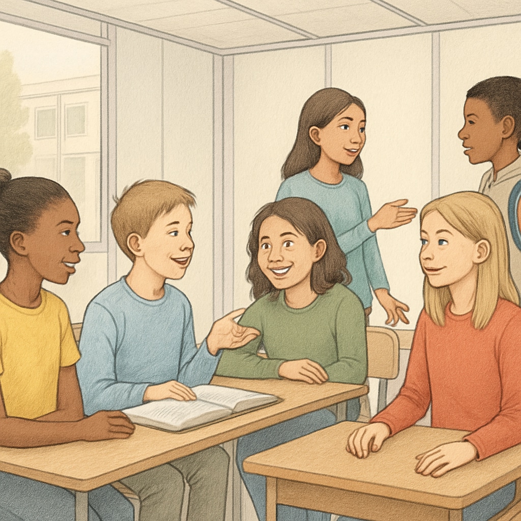 A group of students interacting in a temporary classroom setting, showcasing the social and emotional challenges during relocation. Students in a temporary classroom setting with minimal resources.