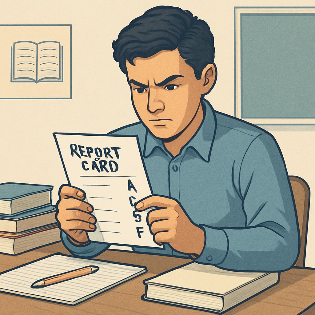 A determined high school student reviewing their report card, symbolizing resilience and academic improvement. High school student reviewing grades, showing resilience and improvement.