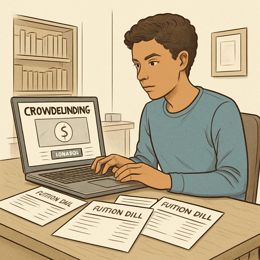 A young college student using a laptop to set up a crowdfunding page, with tuition bills scattered on the desk. College student turning to crowdfunding for tuition assistance.