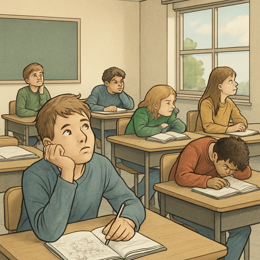 A classroom with disengaged students, some staring out the window while others doodle on their notebooks. Students showing signs of boredom in a K12 classroom.