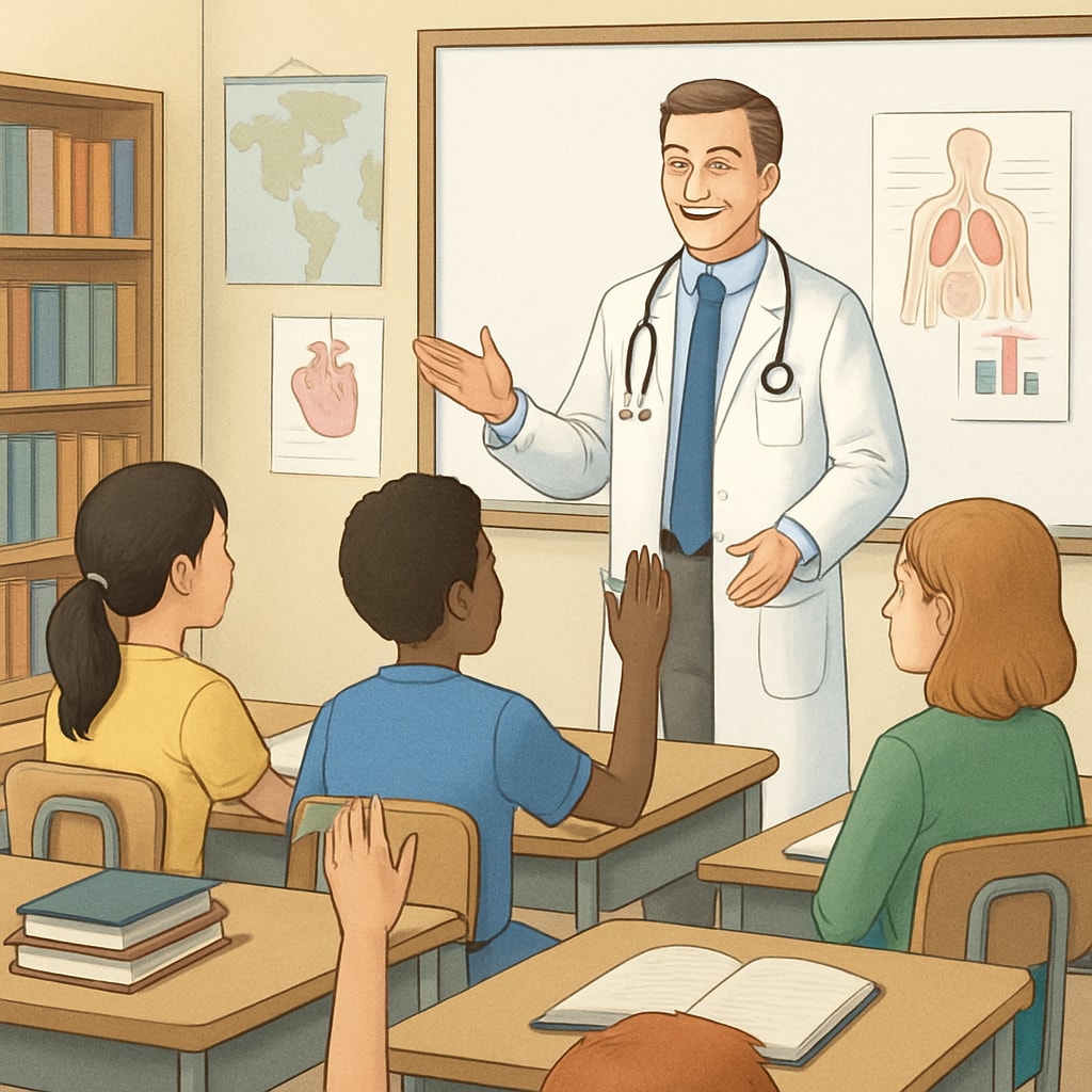 Students conducting a medical career interview with a doctor in a school project setting.