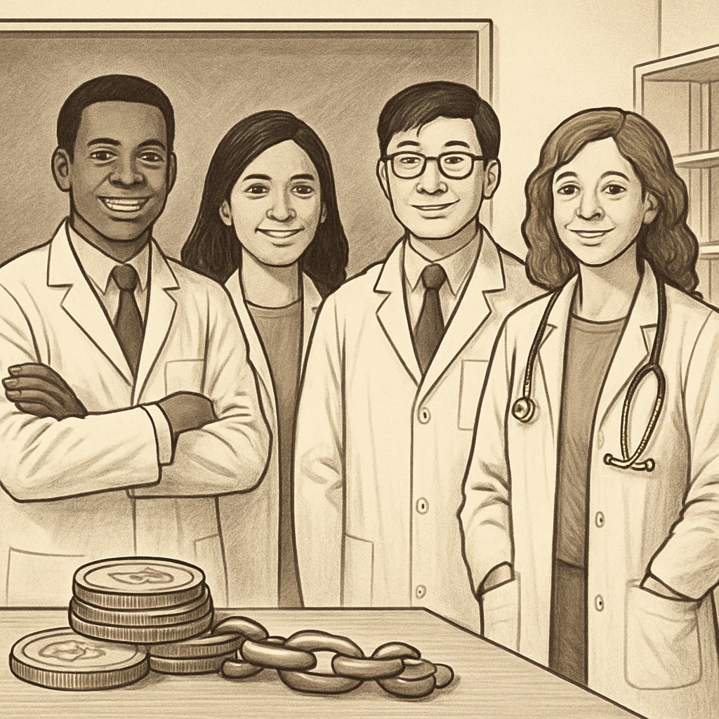 A diverse group of medical students in lab coats, symbolizing hope and achievement in overcoming financial barriers. Diverse group of medical students overcoming financial barriers to succeed.