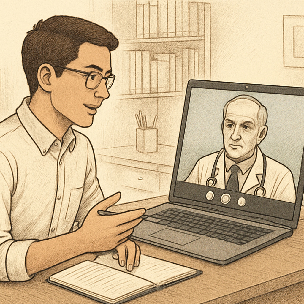Student engaging with a doctor during a virtual medical career interview.