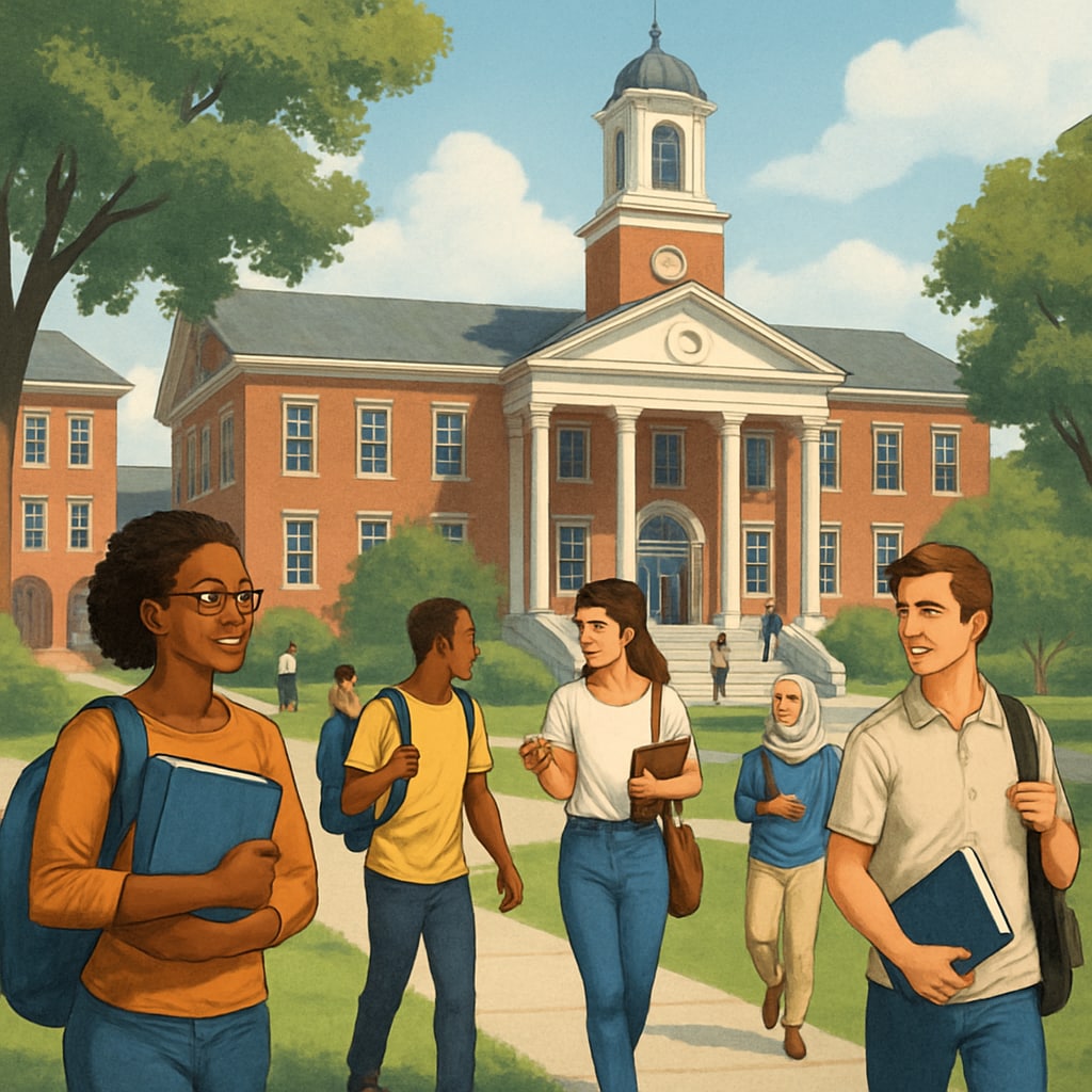 A university campus with students walking, representing lower-ranked institutions that offer opportunities for growth and learning. University campus representing opportunities for students despite lower rankings.