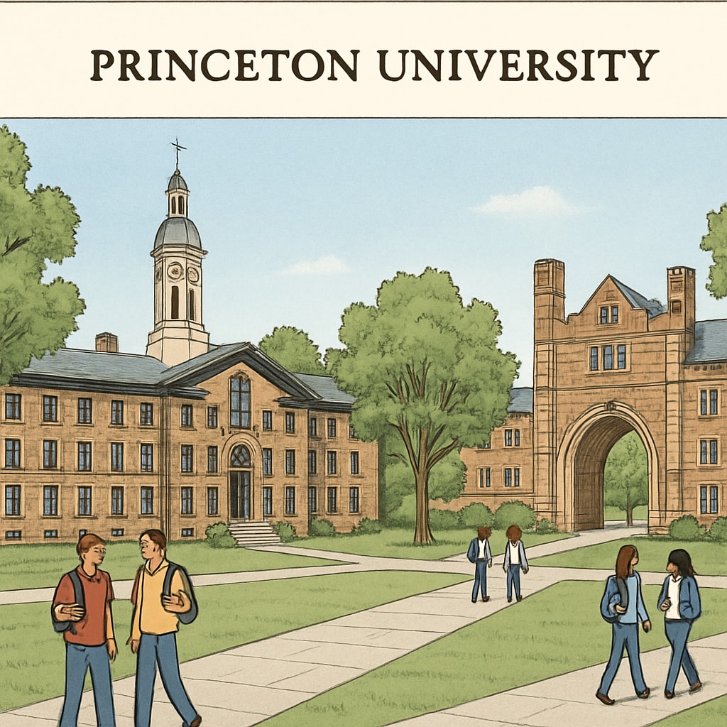 A photo of Princeton University's campus, showing iconic architecture and students walking across a green quad. Princeton University's campus with students walking across a green quad