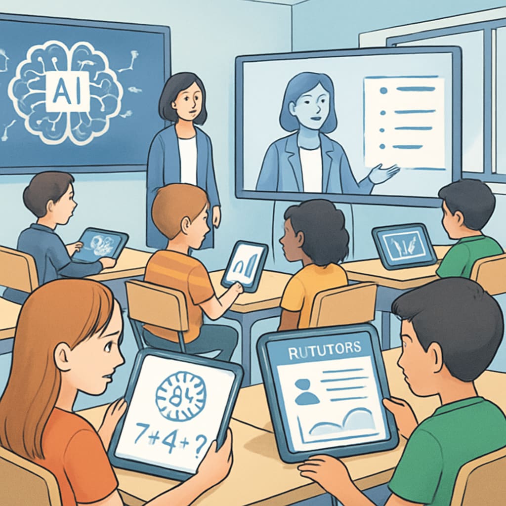 A futuristic classroom setting showcasing students using AI-powered devices for personalized learning. Students using AI-powered devices in a futuristic classroom for personalized learning.