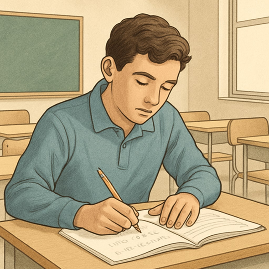 A high school student focused on solving math problems during an exam, displaying calm determination. Student solving math problems with focus and confidence.