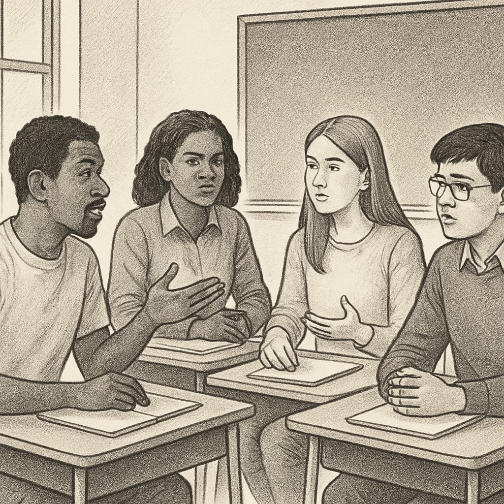 A classroom discussion featuring diverse students, reflecting on social issues. Diverse students discussing social issues in a classroom, highlighting wokeness in education.