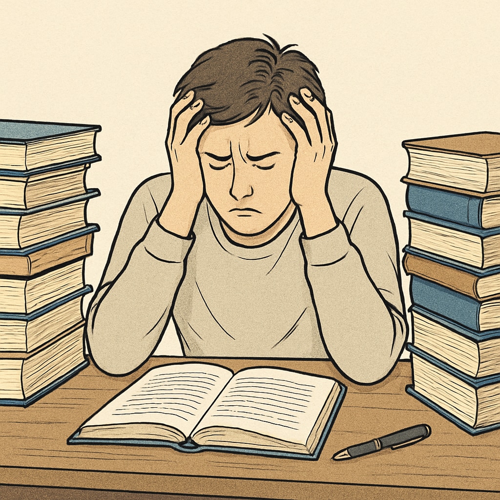A stressed student sitting at a desk, surrounded by books and overwhelmed by academic pressure. A stressed student surrounded by books, representing the psychological toll of Ivy League obsession