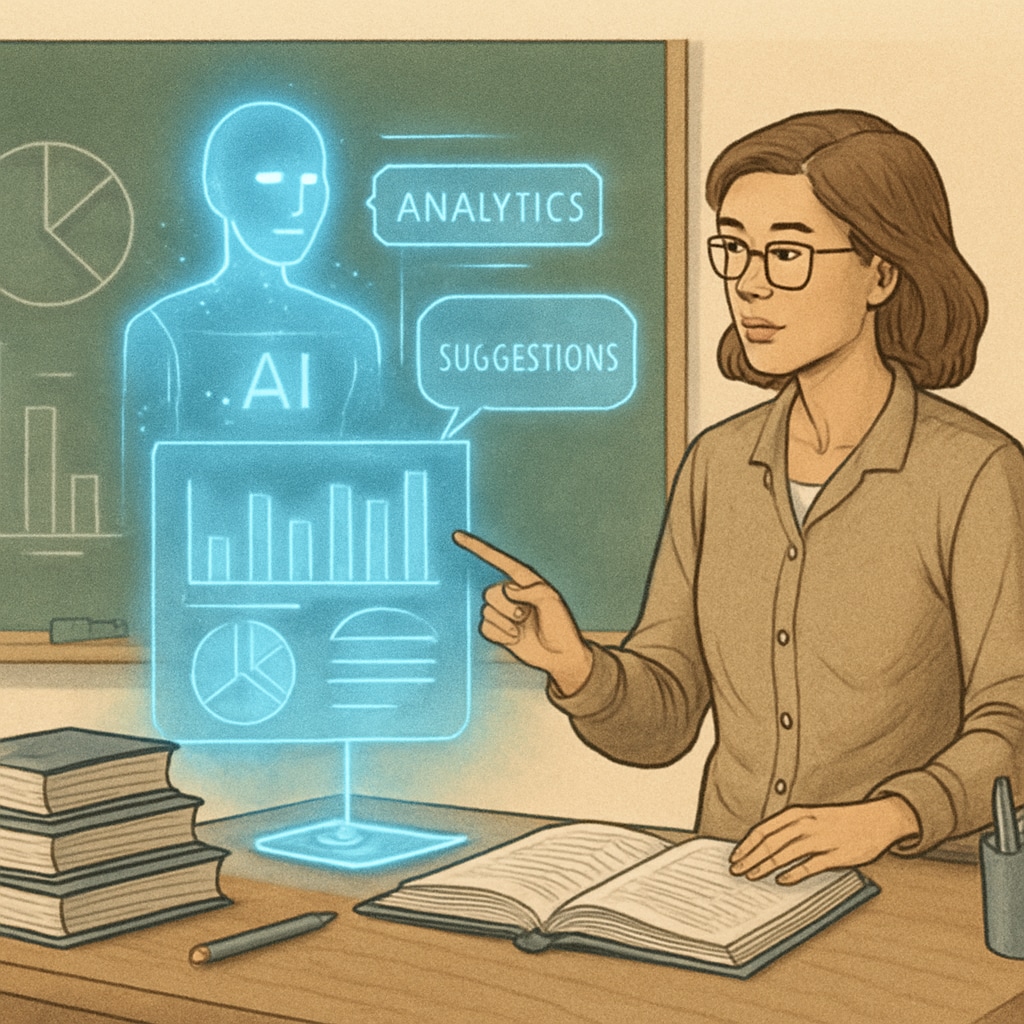 A teacher working alongside an AI assistant that provides analytics and suggestions to enhance lesson delivery. Teacher collaborating with AI assistant in a classroom setting.