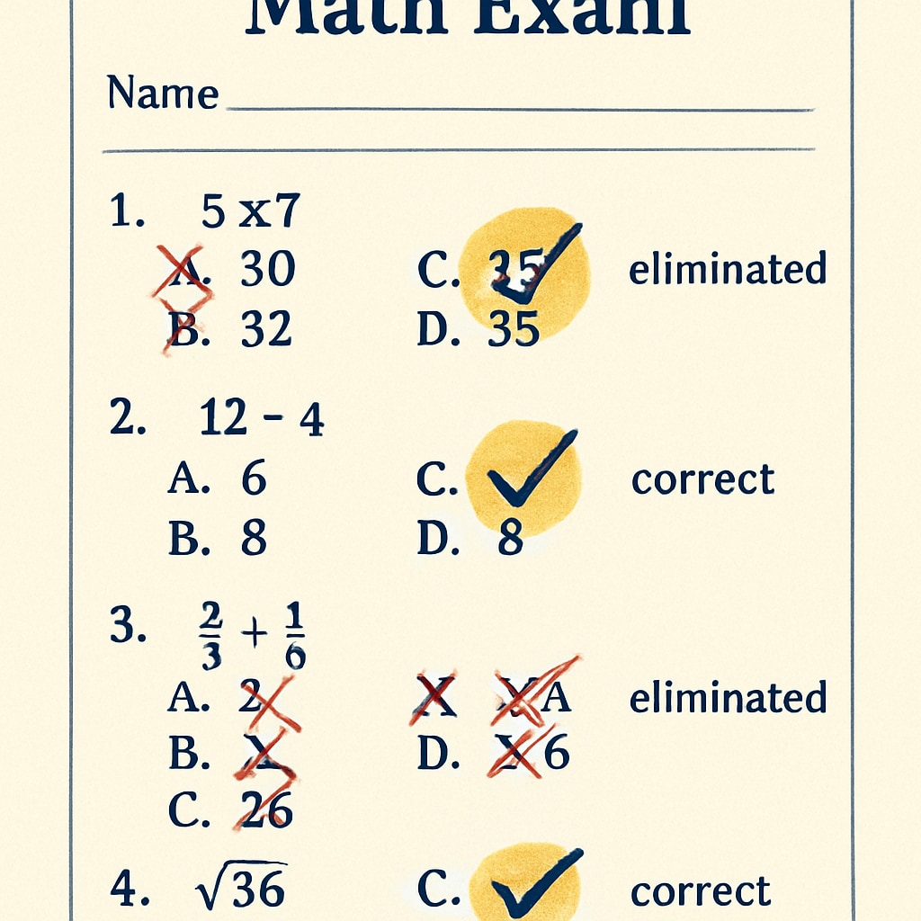 A multi-choice math exam sheet with careful annotations, showing eliminated options and highlighted solutions. Annotated multi-choice math exam sheet.