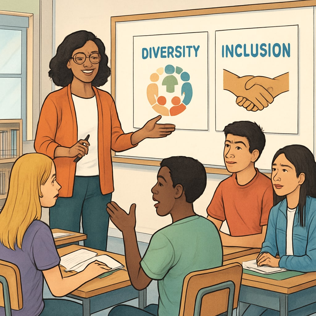 A teacher leading a workshop on diversity and inclusion with high school students. A teacher engaging students in a diversity workshop, representing wokeness in schools.