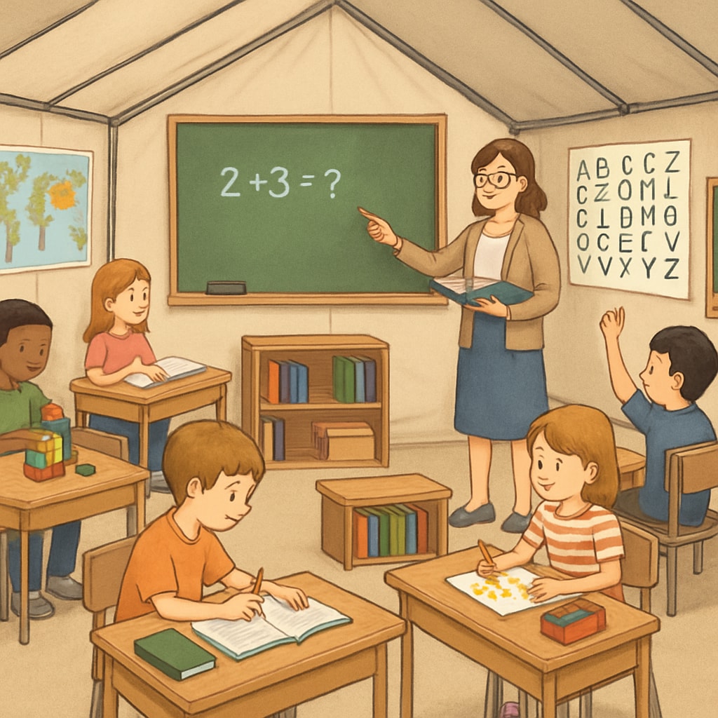 A vibrant temporary classroom setup with children engaging in activities. Temporary classroom setup during school relocation.
