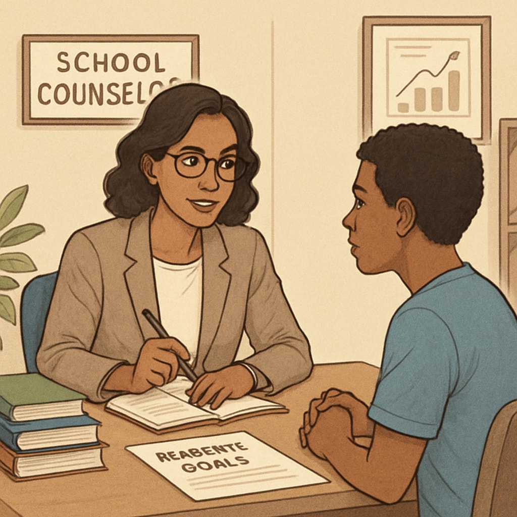 A school counselor sitting at a desk with a student, discussing academic goals. School counselor discussing academic goals with a student.