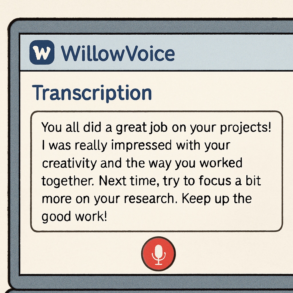 A close-up of the WillowVoice interface showing transcription of a teacher’s spoken feedback for students. WillowVoice interface transcribing teacher feedback