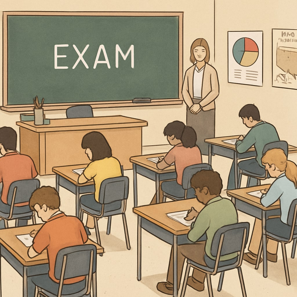 A classroom setting with students taking traditional paper-based exams, representing the traditional education system's approach to talent evaluation. Students taking traditional competitive exams in a classroom setting.