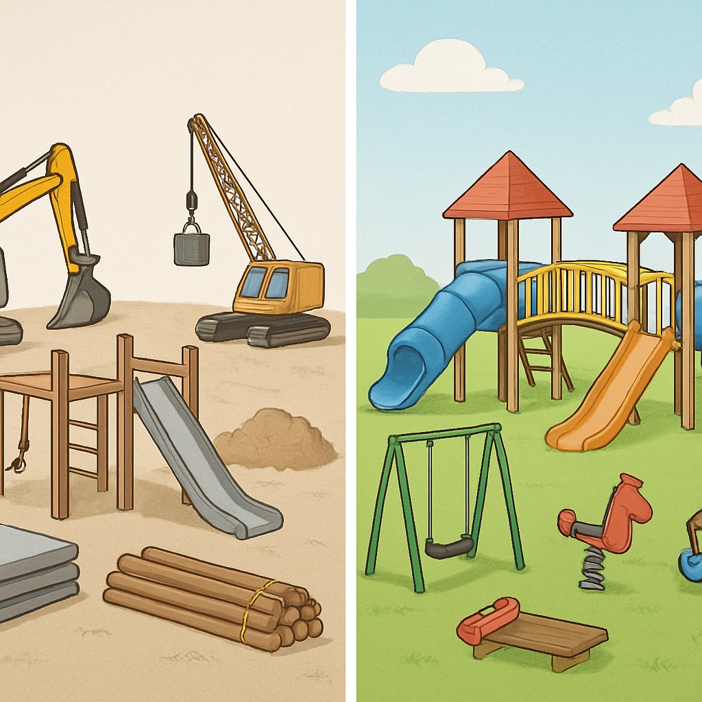 A playground under construction that contrasts with a fully operational one. Playground under construction during school renovation.