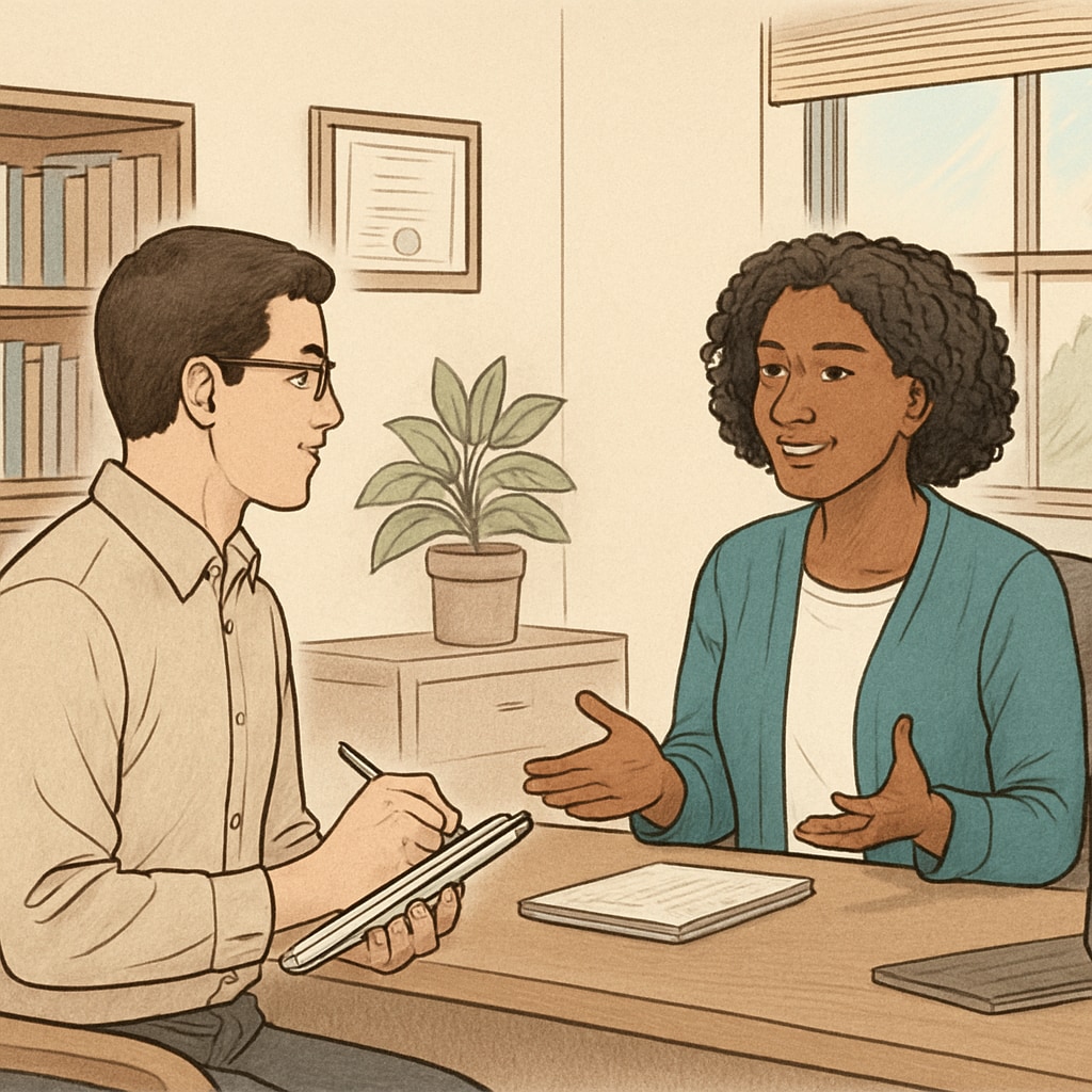 A graduate student conducting an interview with a school counselor in an office setting. Graduate student interviewing a school counselor in an office.