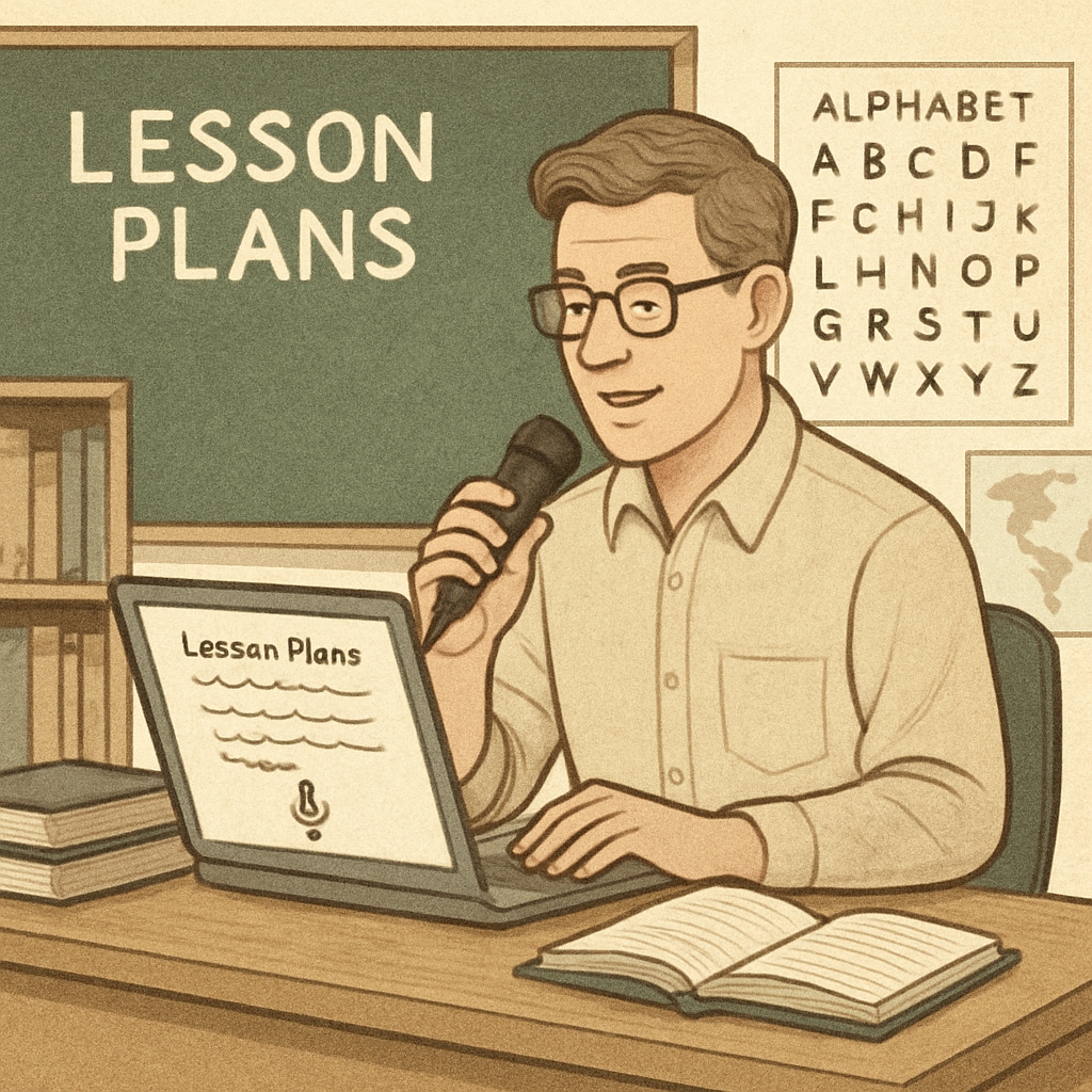 A teacher using WillowVoice to dictate lesson plans on a laptop in a classroom setting. Teacher using speech recognition for lesson planning to improve efficiency and feedback.