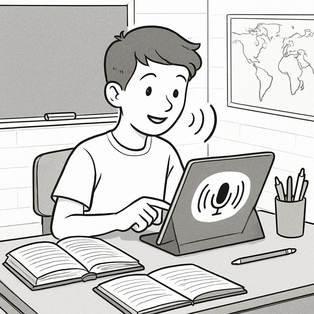 A student using a tablet equipped with speech recognition technology for classroom exercises. Student engaging with educational speech recognition tools during classroom activities.